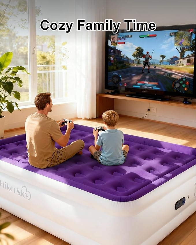 Queen Air Mattress with Built in Pump, Inflatable Mattress for Home, Blow up Air Bed 3 Min Quick Inflation and Deflation, Thin Velvet Top, 22'' Queen Size Purple