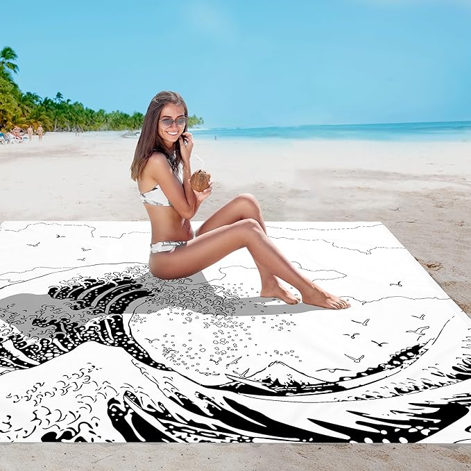 Beach Blanket, Large Sandproof & Waterproof Picnic Blankets, Quick Drying Sand Free Lightweight Beach Mat with 4 Stakes & Pockets for Outdoor Travel Camping Hiking Vacation Essentials - The Great Wave