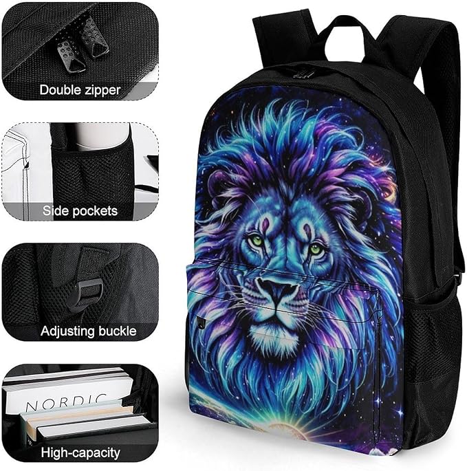 Backpack Multipurpose Anti-Theft Large Capacity Bookbag, Cool Lion In The Universe Surreal Style Space Art Travel Hiking Daypack With Side Pockets