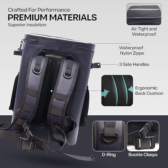 Quiksilver Welded Bungee Backpack Cooler, 30L/36 Cans, 48-72 Hours Insulation, Leakproof & Waterproof IPX7 Rated, Heavy-Duty 600D TPU, Adjustable Straps