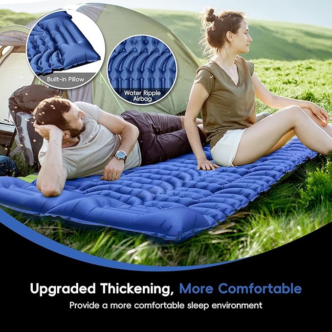 Double Sleeping Pad for Camping, 4" Extra-Thick, Self Inflating Camping Mattress for 2 Person with Pillow, Built-in Foot Pump, Portable Sleeping Mat for Backpacking, Hiking, Traveling, Tent