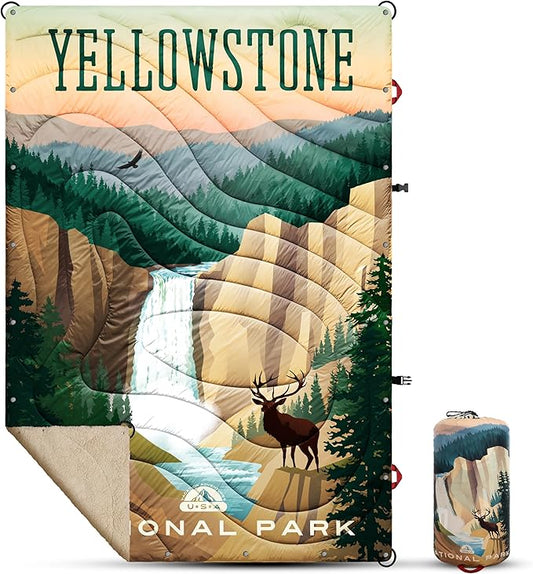 Sherpa Puffy Outdoor Blanket for Camping, Traveling, Car, Picnics, Beach, Concert, Stadium Sporting Events - Wearable, Machine Washable, Soft, Warm, Waterproof - 55 X 78 (Yellowstone NP)