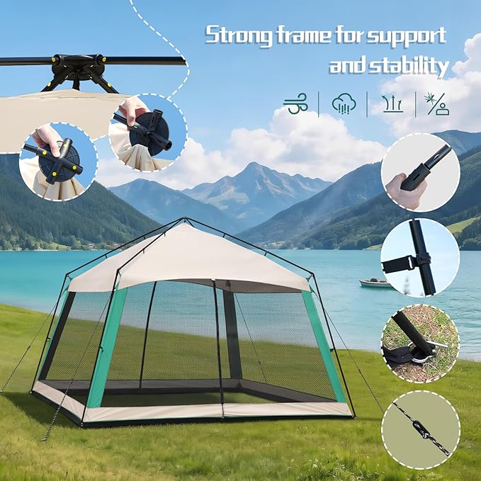 12 x 12 FT Camping Screen Tent for 8-10 Person, Easy Setup Screen House with UV 50+ Sun Protection & Mosquito Net for Camping, Backyard, Picnic, Patio Outdoor Beige & Cyan