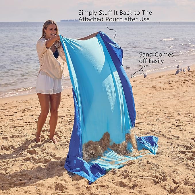 WEKAPO Beach Blanket Sandproof Waterproof, Extra Large Beach Mat, Oversized & Compact Sand Free Mat Quick Drying, Lightweight & Durable with Stakes & Corner Pockets