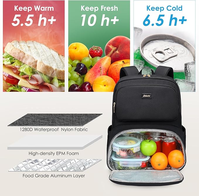 Lunch Backpack for Women Men, 16 Inch Laptop Backpack with Lunch Compartment, Water Resistant Lunchbox Back Pack Meal Prep Cooler Bags Insulated for Nurse Work Teacher Travel