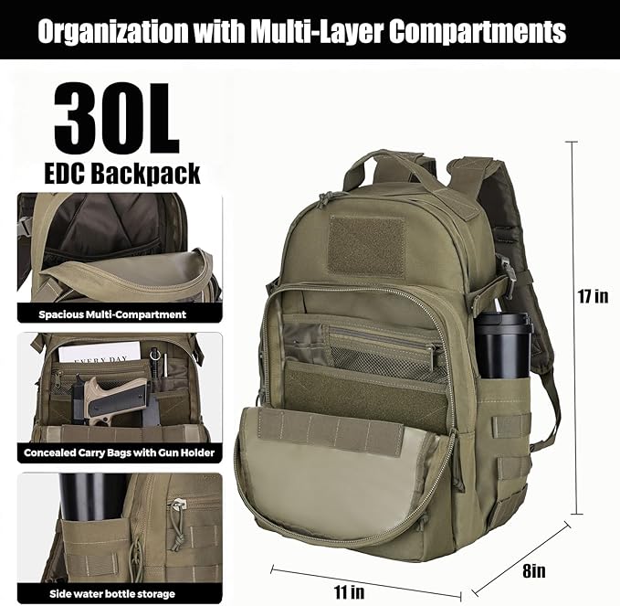 Tactical Backpack for Men Military Backpacks with Holster Army 3 Days Assault Pack Bug Out Bag for Hiking Camping (Green)