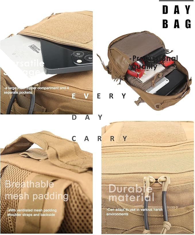 12L Small Backpack Day Pack - Mini Tactical Backpacks Military Daypack Molle Bag Rucksack Bug Out Bag for Hiking Camping Trekking (Tan)