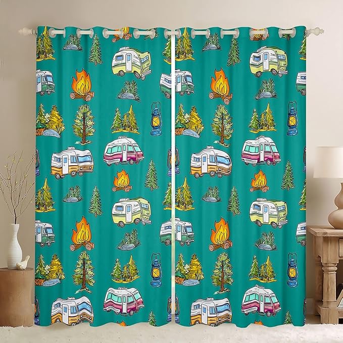 Feelyou Vintage Green Camper Curtains for Bedroom Living Room Rustic Camping Trailer Blackout Shades Camping Campfire Room Darkening Curtain Window Treatments, 2 Panels 52 x 84 Inch Decor