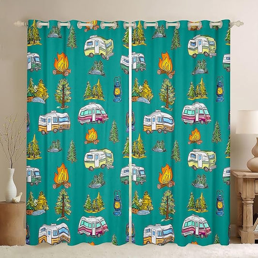 Feelyou Vintage Green Camper Curtains for Bedroom Living Room Rustic Camping Trailer Blackout Shades Camping Campfire Room Darkening Curtain Window Treatments, 2 Panels 42 x 90 Inch Decor