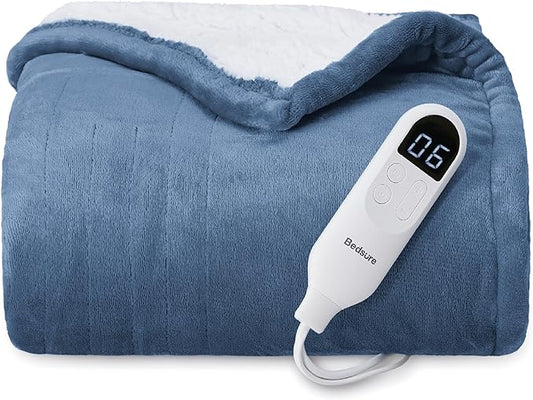 Bedsure Heated Blanket Throw Blanket - Fast Heating Electric Blanket, Soft Flannel Heated Throw with 4 Time Settings, 6 Heating Settings, Warm Gifts for Grandma (50x60 inches, Blue)