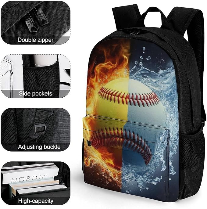 Polyester Daypack Backpack for Sports Travel Running, Big Capacity Anti-Theft Multipurpose Carry On Bag, Ice Water Fire Baseball Ball Laptop Book Bag Rucksack