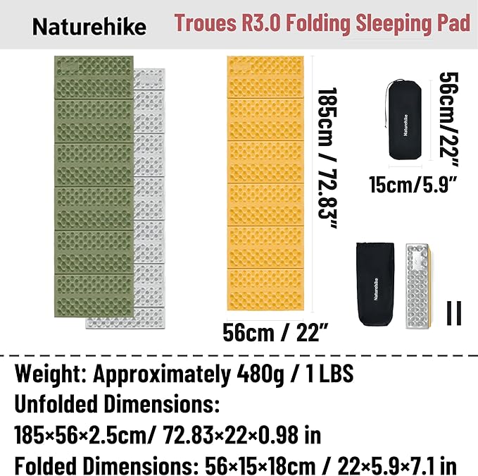 Naturehike Ultralight Foam Sleeping Pad - R1.8/R2.6/R3.0 Closed Cell Mattress, Thick Portable Folding Mat for Backpacking, Waterproof & Compact for Camping, Hiking, Travel and Car Camping