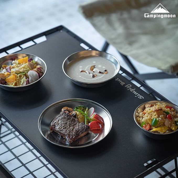CAMPINGMOON Camping Mess Kit 4 Pack Tableware with Plates Bowls Dishes Stainless Steel Dishwasher Safe Kitchenware S395-1S