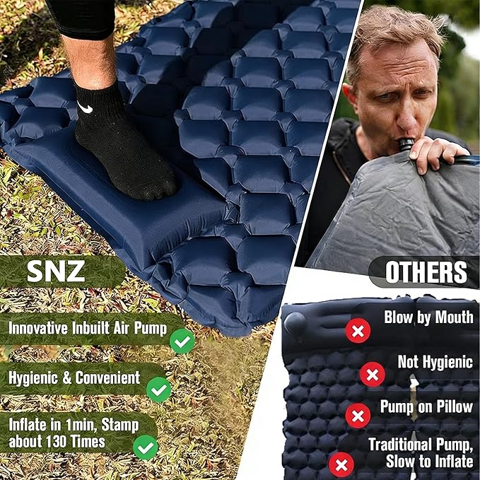 SNZ Camping Sleeping Pad, Ultralight Camping Mat with Pillow, Built-in Foot Pump Inflatable Sleeping Pads Compact for Backpacking, Tent, Travel, Outdoor Activities (Double)