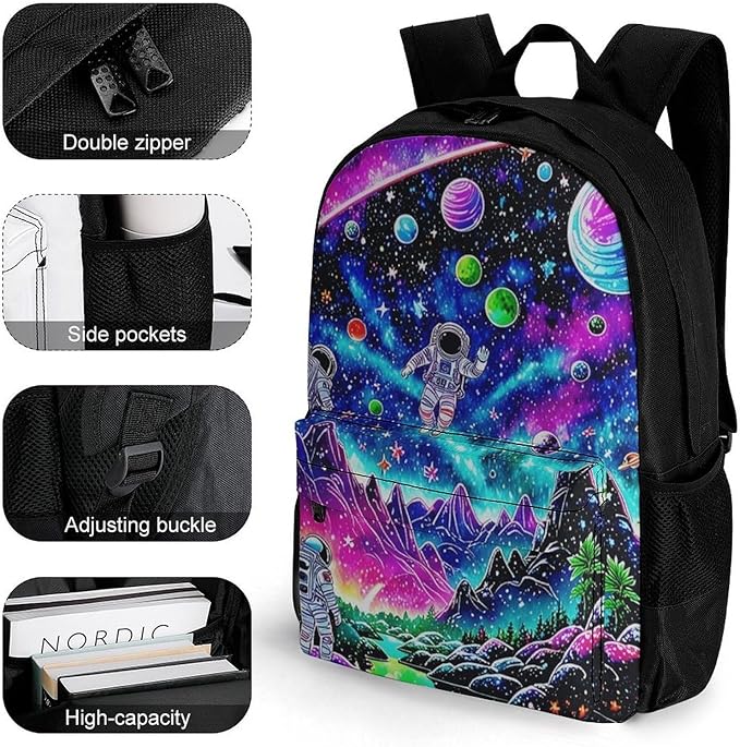 Supdreamc Polyester Daypack Backpack for Sports Travel Running, Big Capacity Anti-Theft Multipurpose Carry On Bag, Space Astronaut Galaxy Art Laptop Book Bag Rucksack