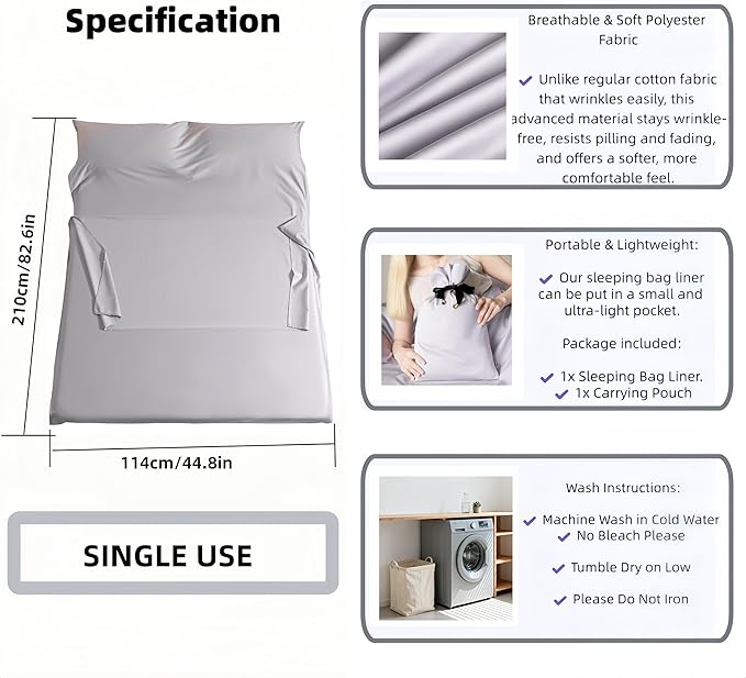 Sleeping Bag Liner for Adults, Lightweight Travel Sleep Sack with Carry Bag, Compact Portable Sleeping Sheet for Camping, Hiking, Hostels, Hotels and Backpacking