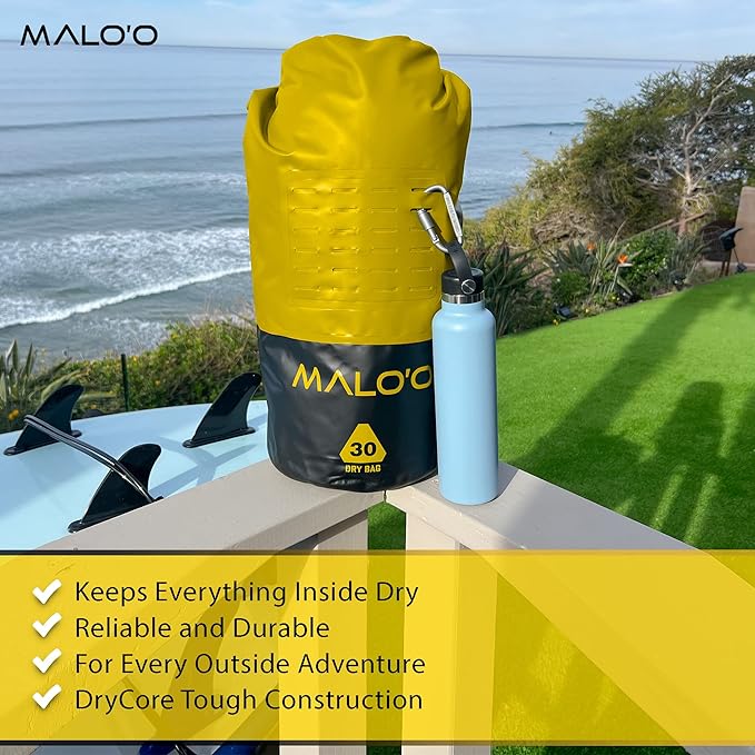 Malo’o DryPack 30L Waterproof Kayak Dry Bag, Heavy Duty Roll-Top Dry Bag with MOLLE Grid and Carry Straps for Fishing, Paddle Boarding, Boating, Camping, and Travel, Yellow