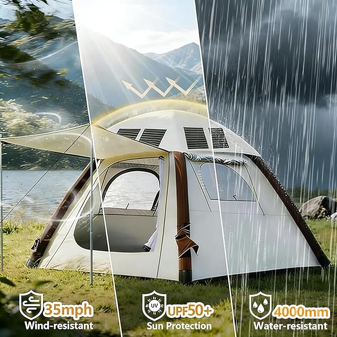 Automatic Pop Up Tents for Camping with Solar Panel, 4000mm Waterproof & UV Protection Blackout Tents for Camping, Easy Setup Instant Tent for Camping Outdoor Backpacking & Hiking
