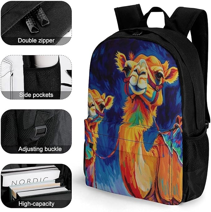 Men Women Polyester Camel Watercolor Backpack Large Capacity Bookbag With Smooth Zippers for Climbing Picnic Bicycle
