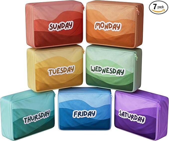 Packing Cubes for Kids & Baby Days of the Week 7 Set Daily Outfit Suitcase Organizers for Boys and Girls Summer Camp, Cruise, and Family Vacation (Small)