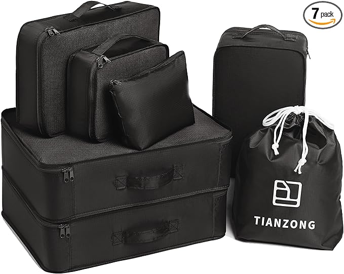 tianzong 7-piece Set Packing Cubes, Travel Bags for Luggage, Packing Organizers with Shoe Bag (Black)