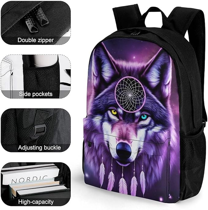 Polyester Daypack Backpack for Sports Travel Running, Big Capacity Anti-Theft Multipurpose Carry On Bag, Purple Galaxy Dream Catcher Wolf Space Fantasy Laptop Book Bag Rucksack