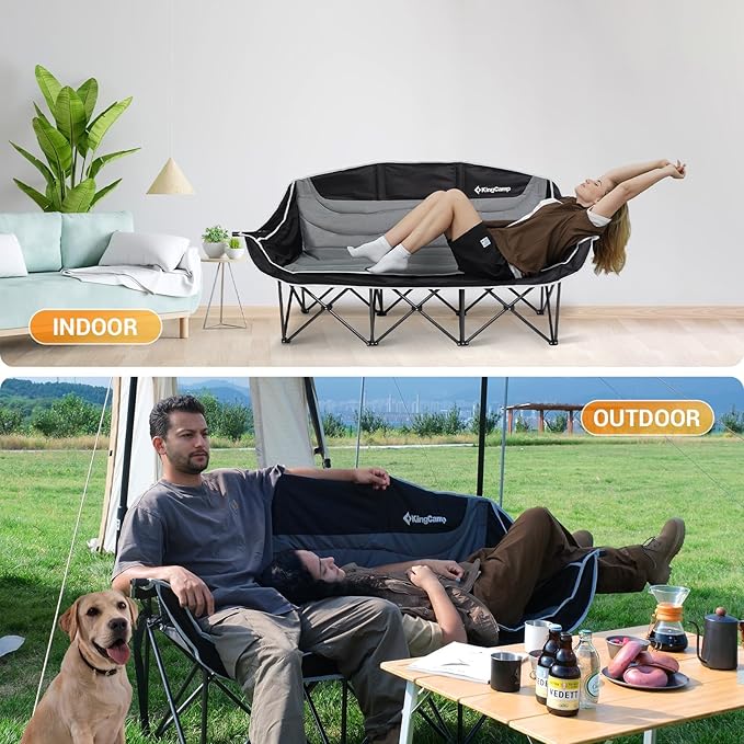 KingCamp 3 Person Camping Chair, Oversized 660lbs Heavy Duty Loveseat for Adults Portable Folding XL 2 Person Couch Padded Comfortable Three Seat with Cup Holder for Outdoor Lawn Backyard, Green/Grey