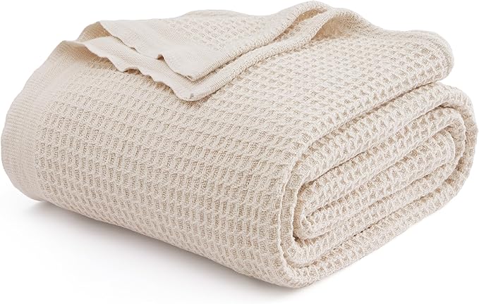 Bedsure Gentlesoft 100% Cotton Blanket Twin XL Size for College Dorm - Breathable and Soft, Waffle Weave Twin Blanket for Summer, Dorm Room Essentials, Khaki (a Little Bit Yellow), 66x90 inches