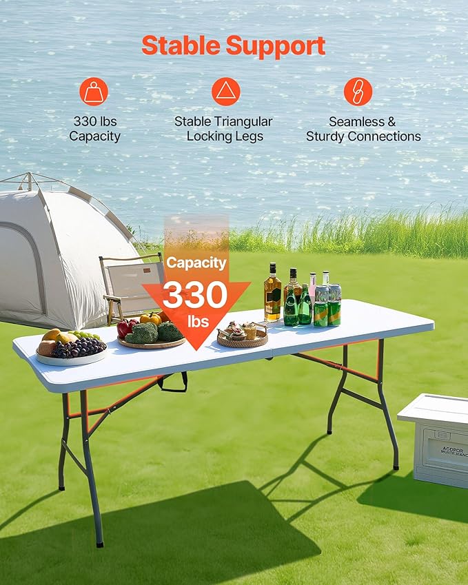 VEVOR Folding Table, 6 Ft Heavy Duty Portable Fold-in-Half Utility Table, Indoor Outdoor Plastic Rectangle Table with Built in Handle, for Party, Dining, Wedding, Events, Picnic, Camping, White