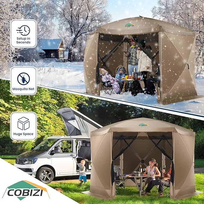 COBIZI 12x12FT Pop Up Gazebo Screen Tent Screen House for Camping, Screen Room with Mosquito Netting, Hub Tent Instant Screened Canopy with Carrying Bag and Ground Stakes, Khaki(Upgraded)