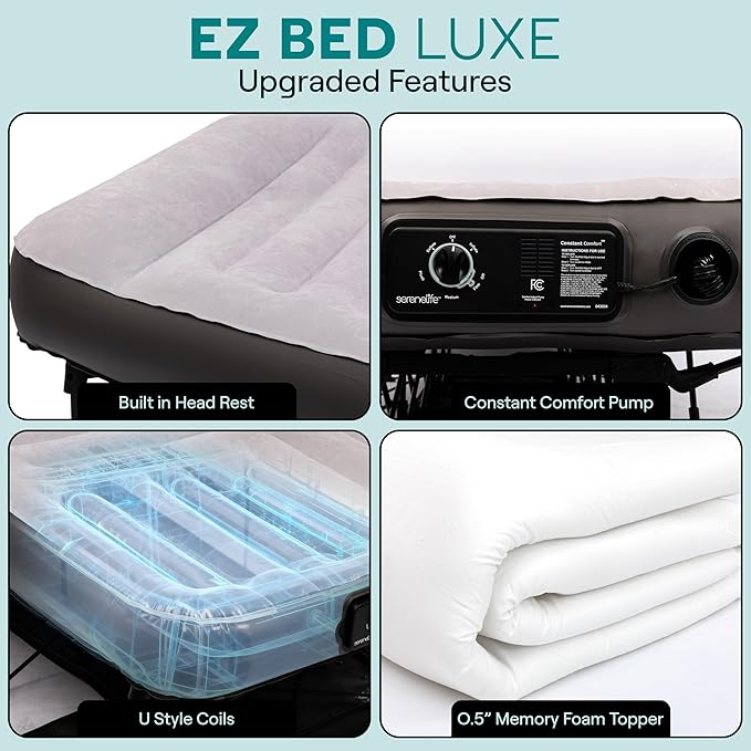 SereneLife (Queen) EZ Bed Luxe Air Mattress with Frame and Rolling Case - Luxury Series with Bonus Memory Foam Cover, Constant Comfort Pressure Maintaining Pump, Built-in Headrest, Wall Plug AC