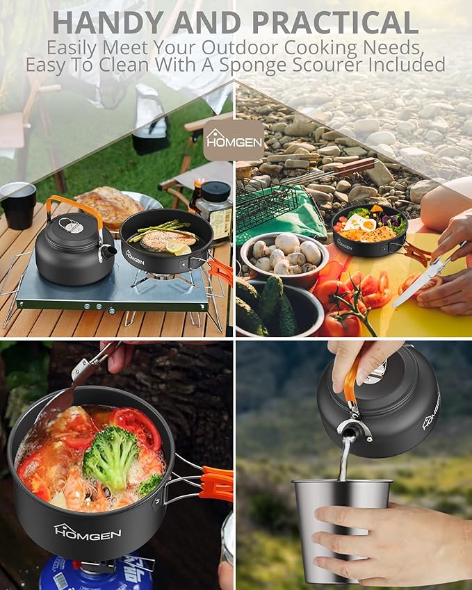 HOMGEN 12-Pieces Ultralight Anodized Aluminum Camping Cookware Set for 2 People - Nesting Pot/Pan with Foldable Handles 800ml Insulated Teapot & Stainless Cups for Camping Hiking