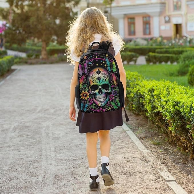 Men Women Polyester Psychedelic Skull Sbutterflies Art Backpack Large Capacity Bookbag With Smooth Zippers for Climbing Picnic Bicycle