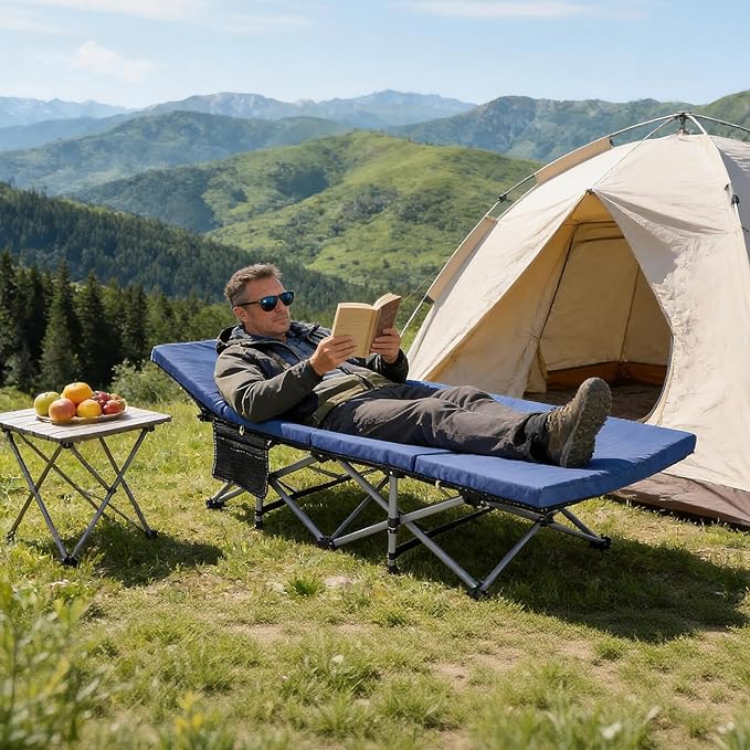 Slsy Camping Cot with 2" Memory Foam Mattress, Upgraded Padded Folding Cot Bed with Carry Bag, Portable Sleeping Cot for Camping, Travel, Beach & Hiking