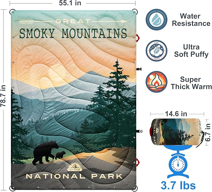 Sherpa Puffy Outdoor Camping Blanket for Traveling, Picnics, Beach, Concert, Car, Stadium, Sporting Events - Wearable Warm Waterproof - 55 X 78 (Great Smoky Mountains NP)