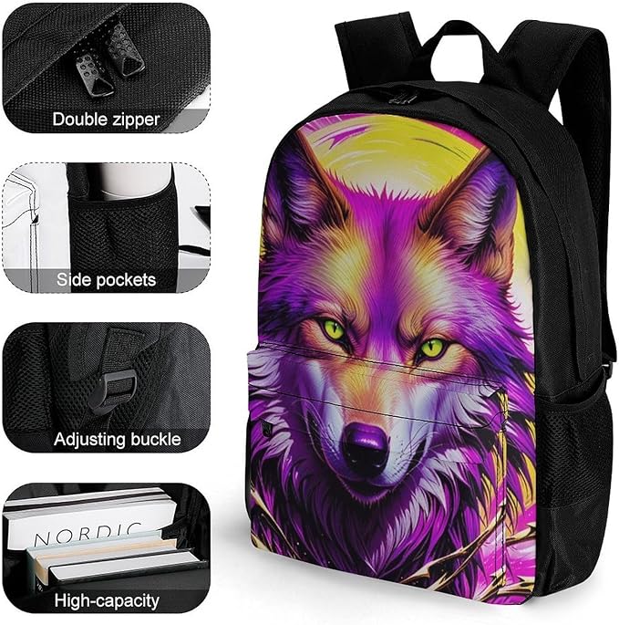 Supdreamc Lightweight Rucksacks for Climbing Outdoors Walking Cycling, Large Capacity Anti-Theft Multipurpose Carry On Bag, Cool Red And Yellow Light Wolf Art Camping Outdoor Backpack