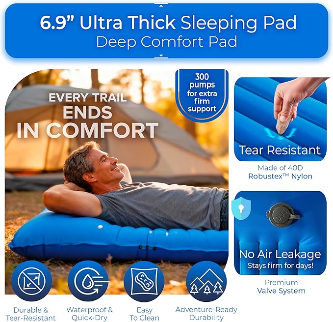 Premium Double Sleeping Pad for Camping - Camping Mattress 2 Person XL with Built-in Pump - 6.9" Thick Camping Bed for Adults - Indoor, Beach & Pool Use