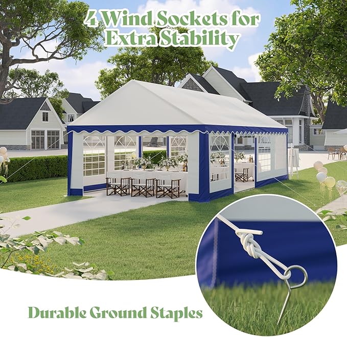 AMERLIFE 13 x 26 FT Party Tent with Rolled Sidewalls, Heavy Duty Wedding Tent for Party Outside with Zinc Alloy Tube & Spiral Stakes, Waterproof Event Shelters, White & Blue