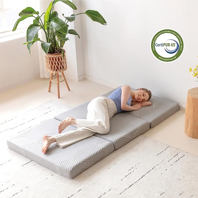 Tri-Fold Memory Foam Mattress, 6 inch Full Folding Topper with Collapsible and Washable Cover, Travel and Guest Mat, 75"×54"×6", Grey