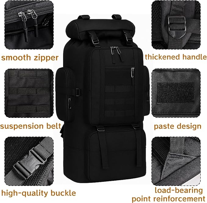 Goaste 100L Camping Hiking Backpack, Molle Military Tactical Rucksack, Waterproof Large Travel Daypack, Adjustable Survival Hunting Sports Bag for Men and Women Hiking, Camping, Touring(Black)