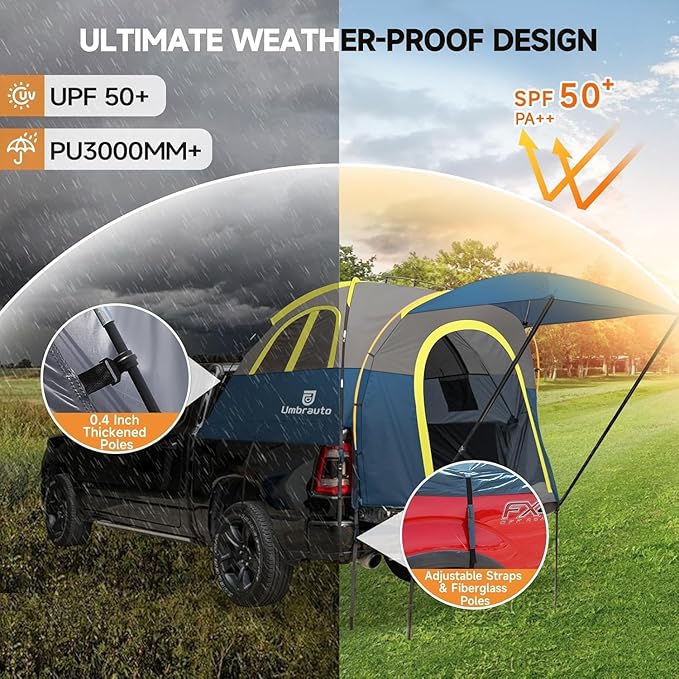 Truck Bed Tent with Awning: 5.0' ~ 5.2' PU3000mm Waterproof Tailgate Pickup Truck Tents, Easy Set-up for 2 Person, Fits Full Size Short Bed, Chevy, Dodge, Ford, GMC