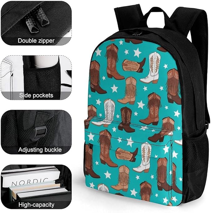 Daypack Bookbag Anti-Theft Multipurpose Large Capacity Bookbag, Beautiful Colorful Teal Cowboy Boots Travel Hiking Camping Rucksack With Adjustable Shoulder Straps