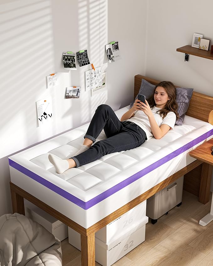 Dual Layer 4 Inch Memory Foam Mattress Topper Twin XL - 2 Inch Gel Memory Foam and 2 Inch Pillow Top Mattress Pad, 7-Zone Egg Crate Twin XL Size Mattress Topper (White)