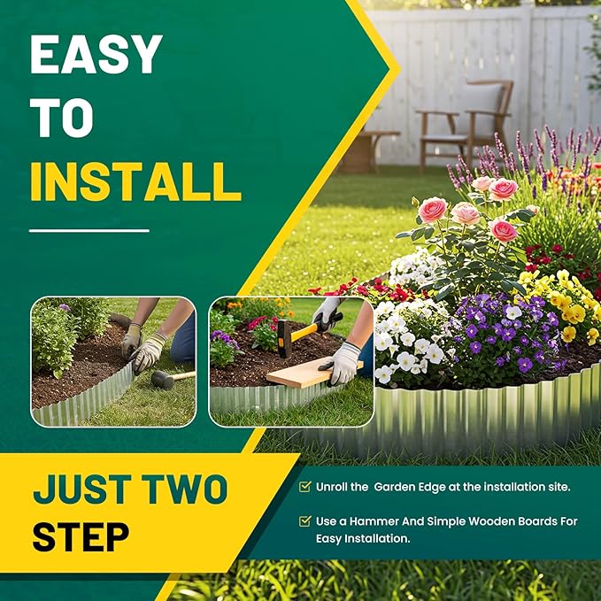 Corrugated Metal Garden Edging, Landscape Edging Border for Garden, Flower Bed, Lawn and Landscape Edging (Silver, 3"×50Ft)