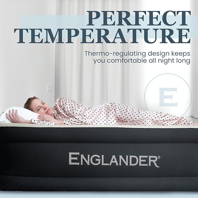 Englander Cal King Size Air Mattress w/Built in Pump - Luxury Double High Inflatable Bed for Home, Travel & Camping - Premium Blow Up Bed for Kids & Adults - Black