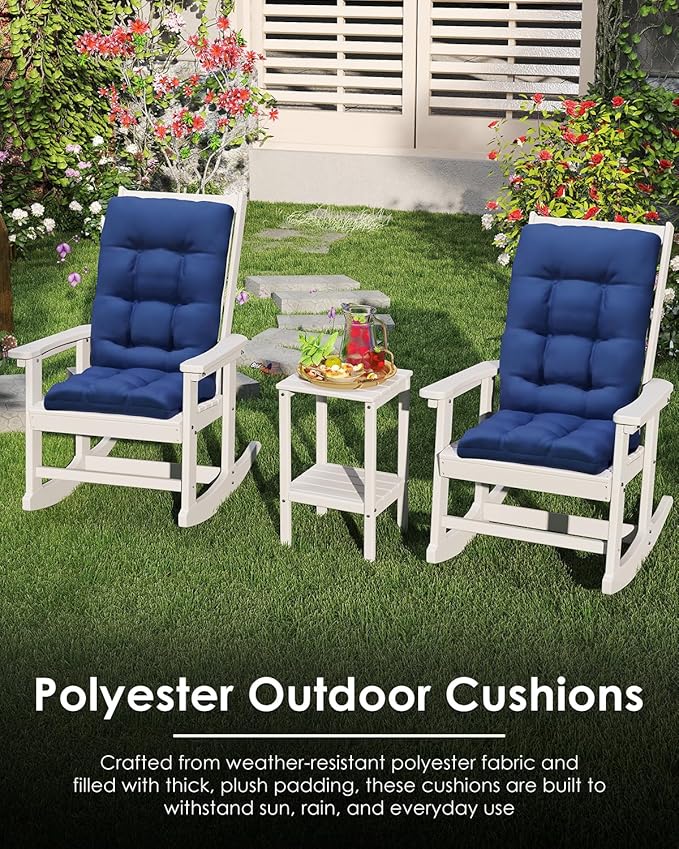 GREENVINES Rocking Chair Cushion | Polyester | Waterproof | Outdoor High Back Rocker Chairs Cushions | Seat with Ties | Non-Slip | Thickened Pad for Patio | 46.5" x 18.5" x 4.3" | Blue