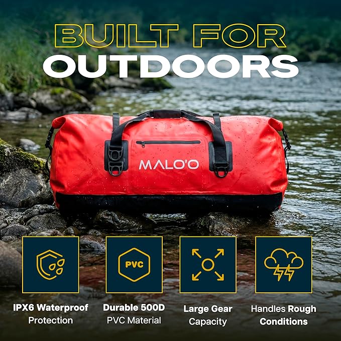 Malo’o Waterproof Dry Duffel, Heavy-Duty Roll Top Waterproof Gear Bag with Shoulder Strap & Molle Loops, Marine Duffel for Kayaking, Boating, Camping, Beach & Travel, Red, 100L