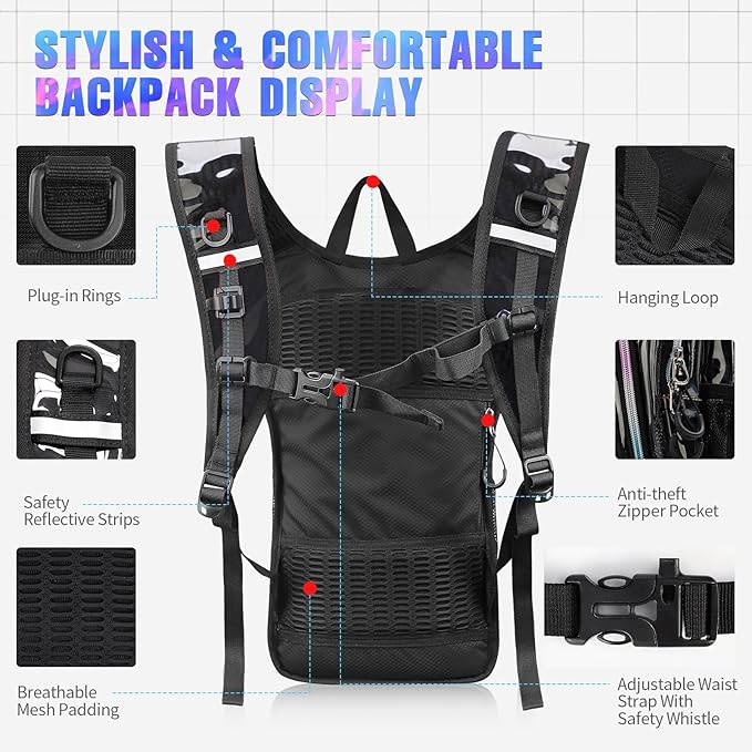 Hydration Backpack, Festival Rave Hydration Pack, Water Backpack with 2L Hydration Bladder, Rave Backpack Hydration Pack Hydropack Hydro for Hiking, Biking, Festivals, Raves