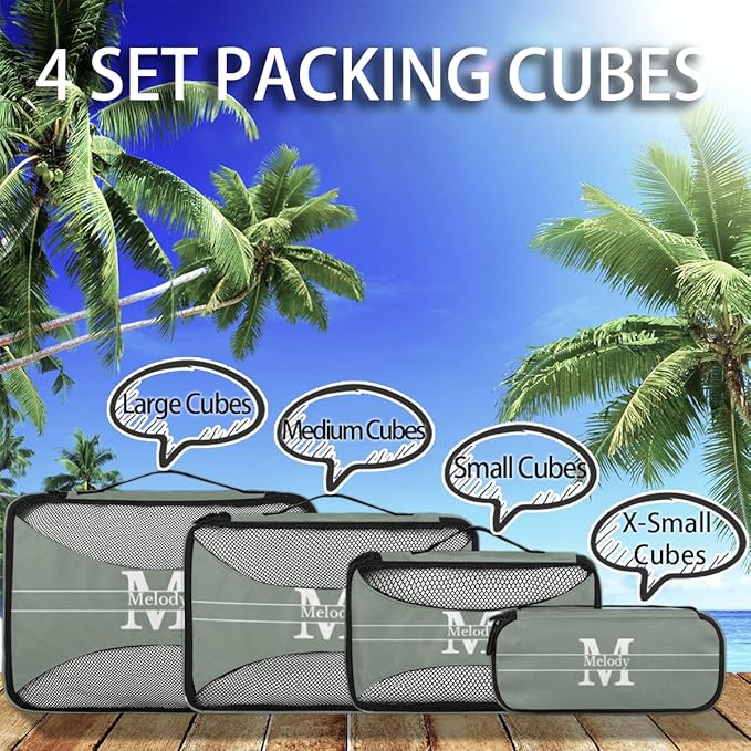 Custom Packing Cubes with Name, 4Pcs/Set Travel Luggage Packing Organizers Set for Women, Dark Matcha Green Background with Initial Name