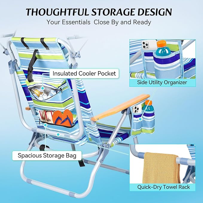 4-Position Reclining Backpack Beach Chair with Canopy Headrest Cooler Bag Cup Holder Towel Bar Storage Pouch Wooden Armrests Aluminum Frame Supports 400 lbs Foldable for Adults Camping Travel